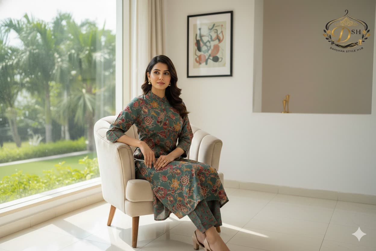 Darshan Green Floral Printed Kurta Set 4