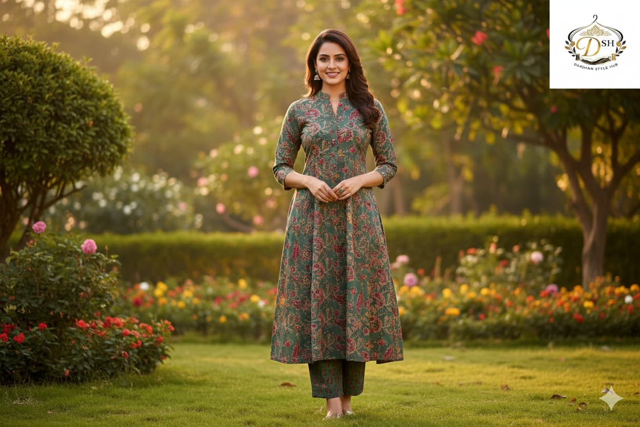 Darshan Green Floral Printed Kurta Set 5