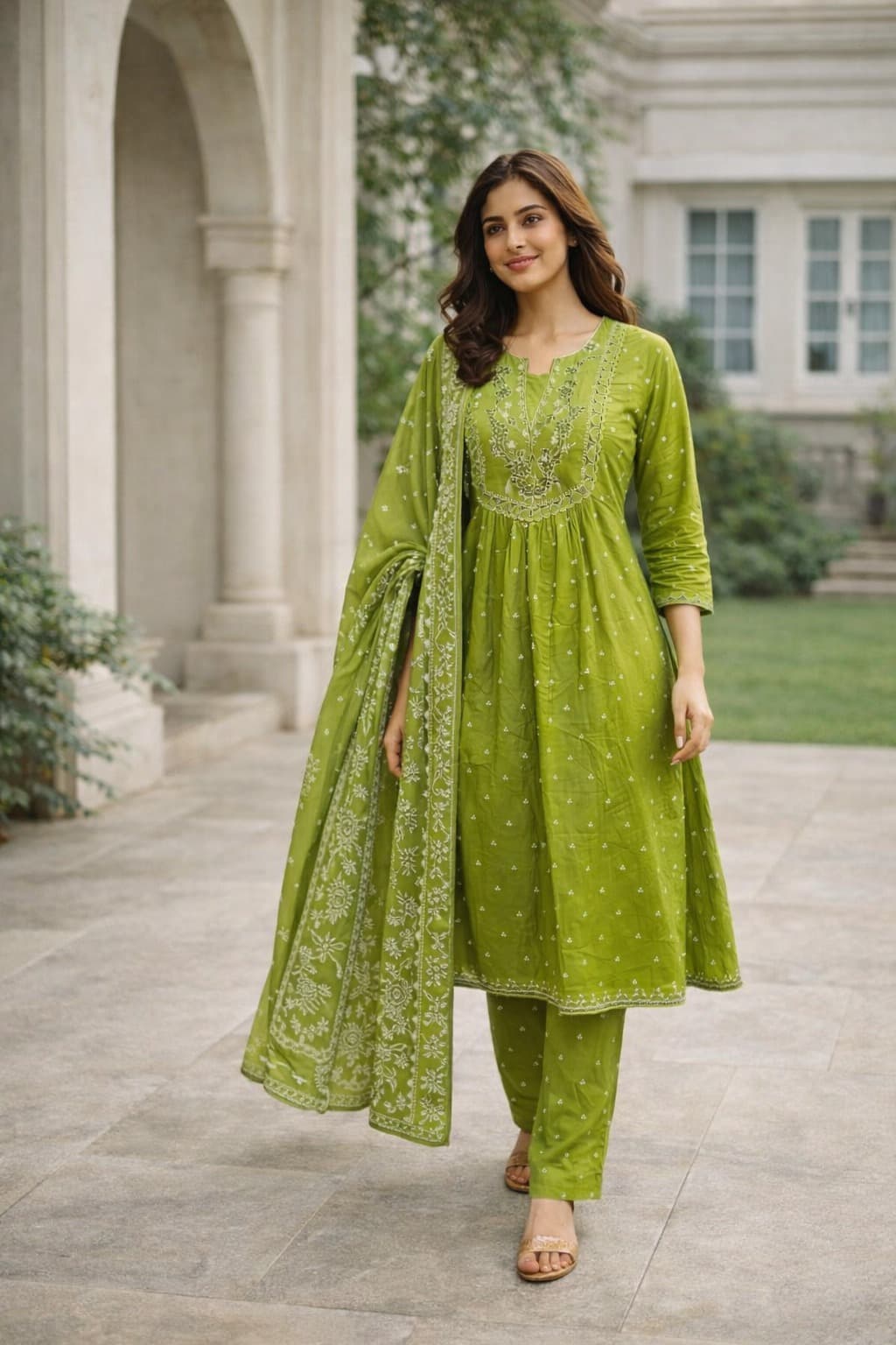 Darshan Women’s Embroidered Green Cotton Suit Set with Dupatta 4