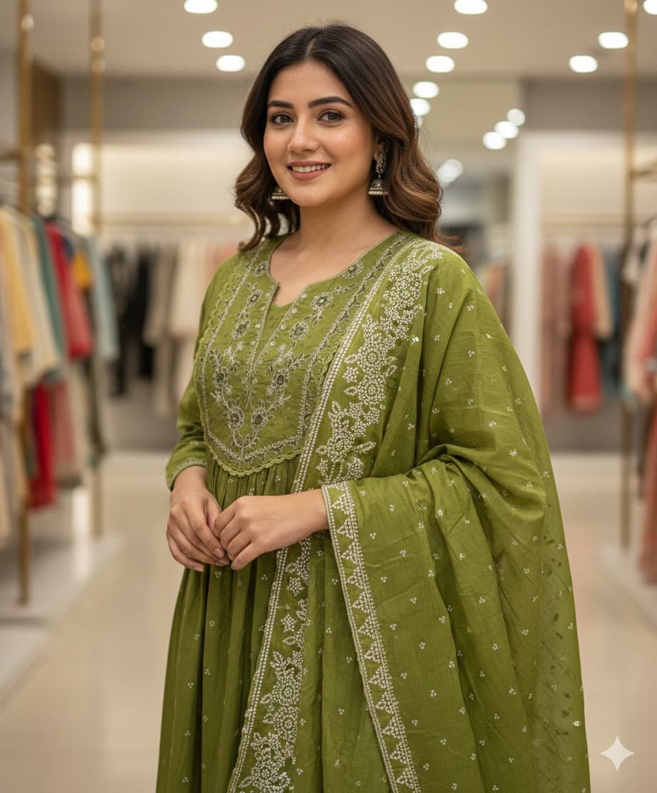 Darshan Women’s Embroidered Green Cotton Suit Set with Dupatta 5