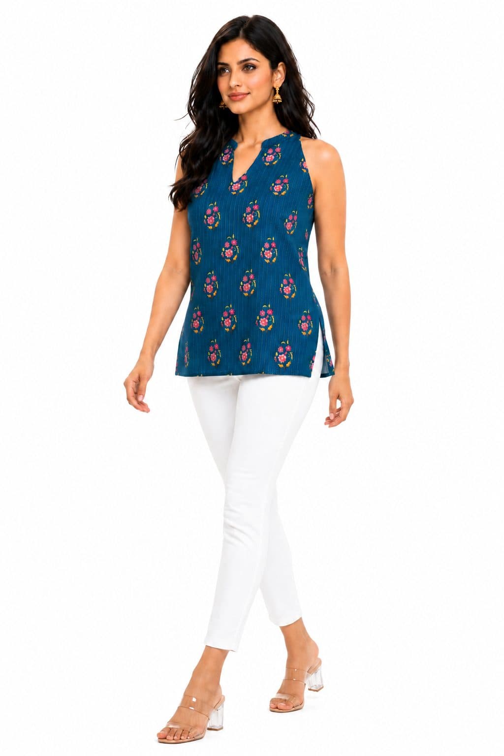 DSH Darshan Style Hub Women's Blue Floral Print Cotton Sleeveless Tunic Top | Casual Summer & Office Wear