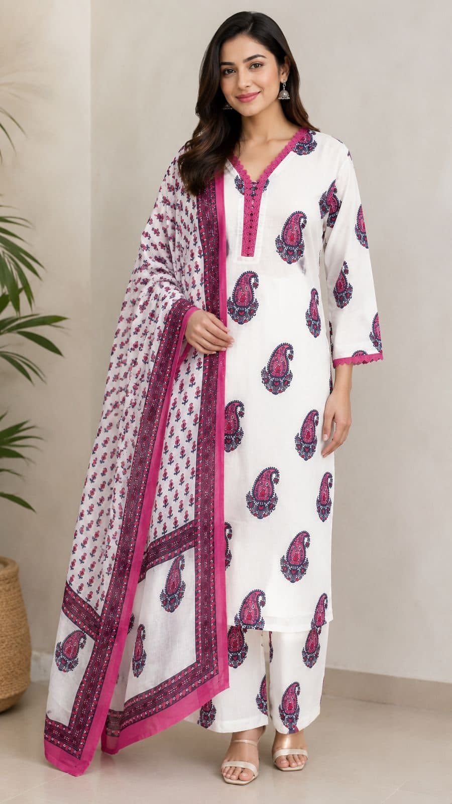 Darshan Style Hub Women’s White Paisley Printed Straight Kurta Set with Pants | V-Neck 3/4 Sleeve Cotton Ethnic Wear for Women