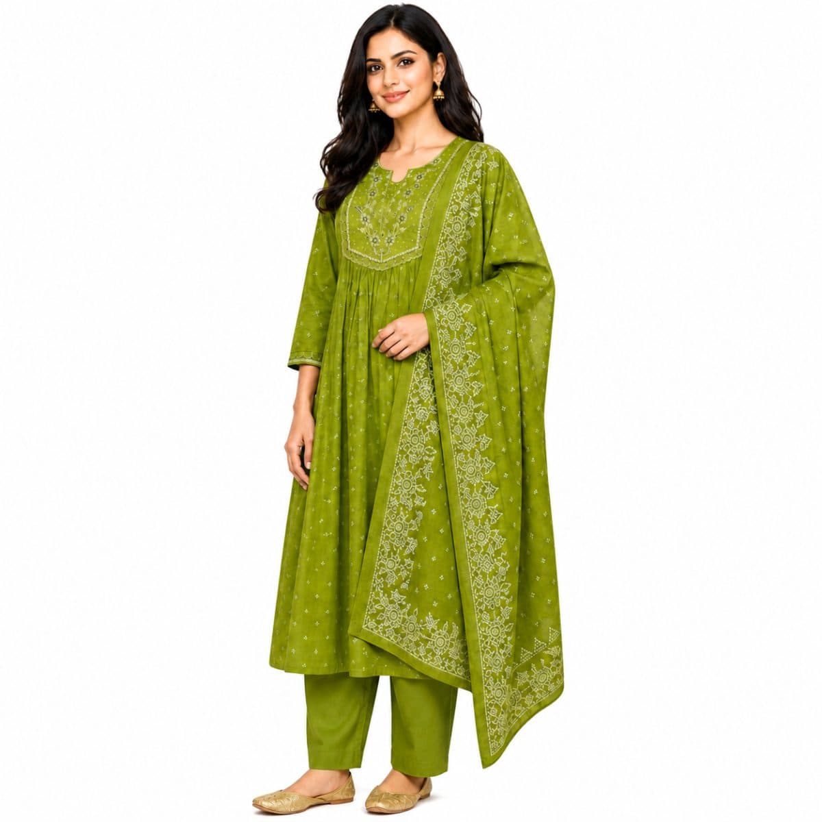 Darshan Women’s Embroidered Green Cotton Suit Set with Dupatta