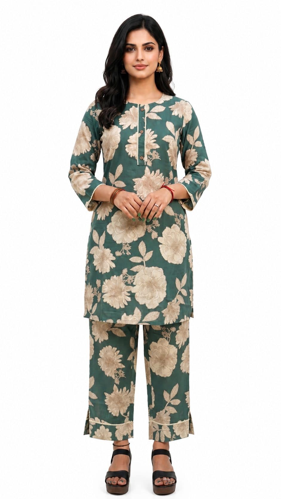 Women’s Green floral cotton printed kurta set | Round Neck collar | 3/4 Sleeve | Elegant florar co-ord set