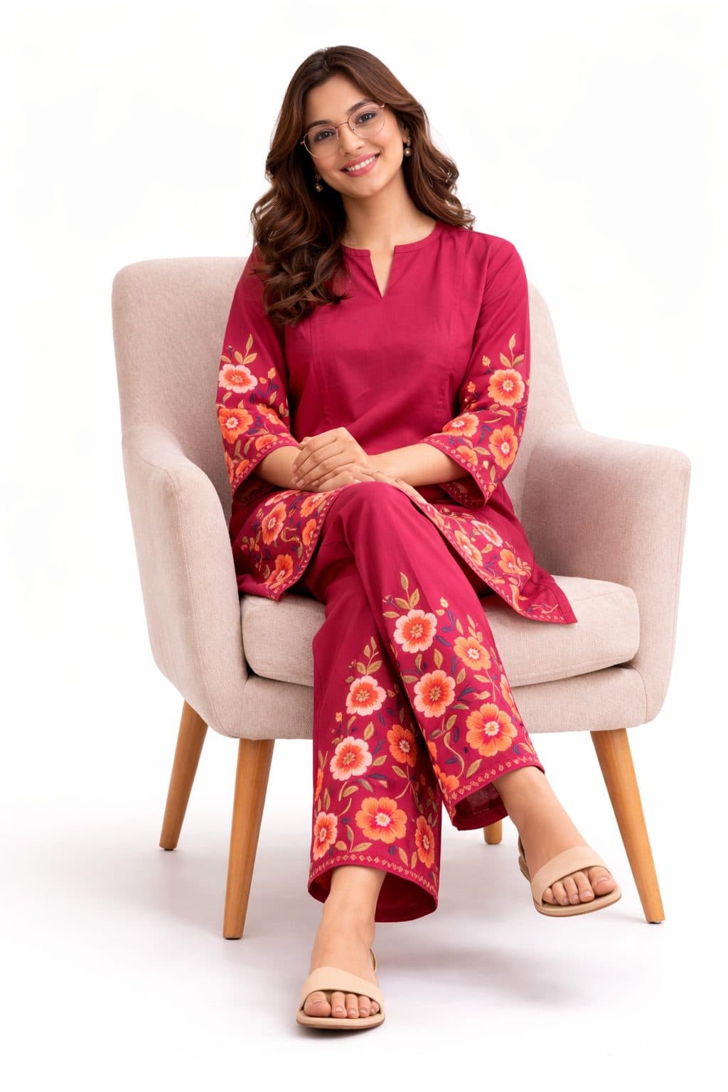 Women’s Fuchsia pink coral floral cotton printed kurta pant set | Mandarin band collar with front slit neckline | 3/4 Sleeve with floral placment print | comfortble regular fit shillouttle