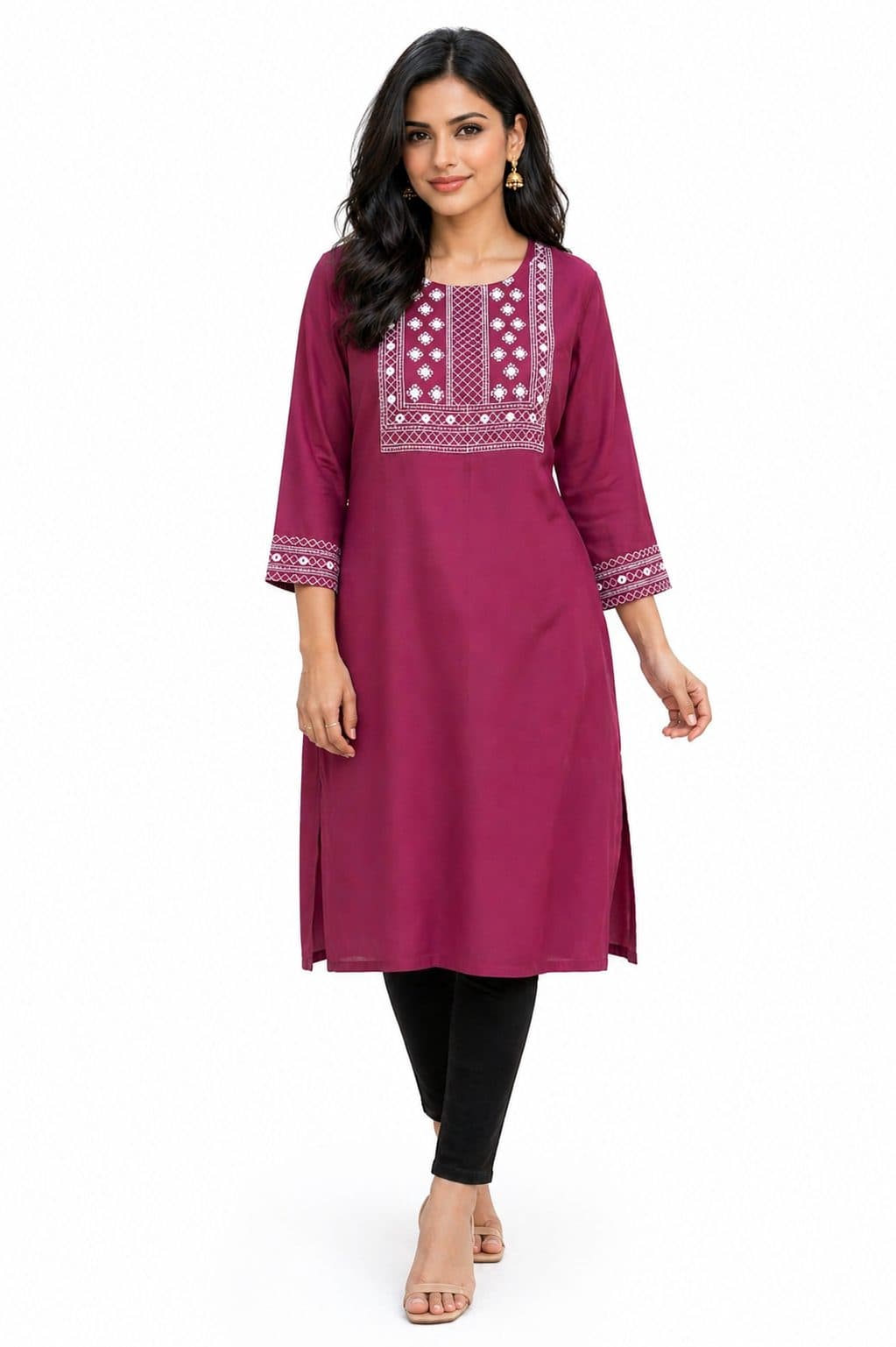 Darshan Style Hub Women Viscose Embroidered Straight Kurta | Round Neck | 3/4 Sleeve
