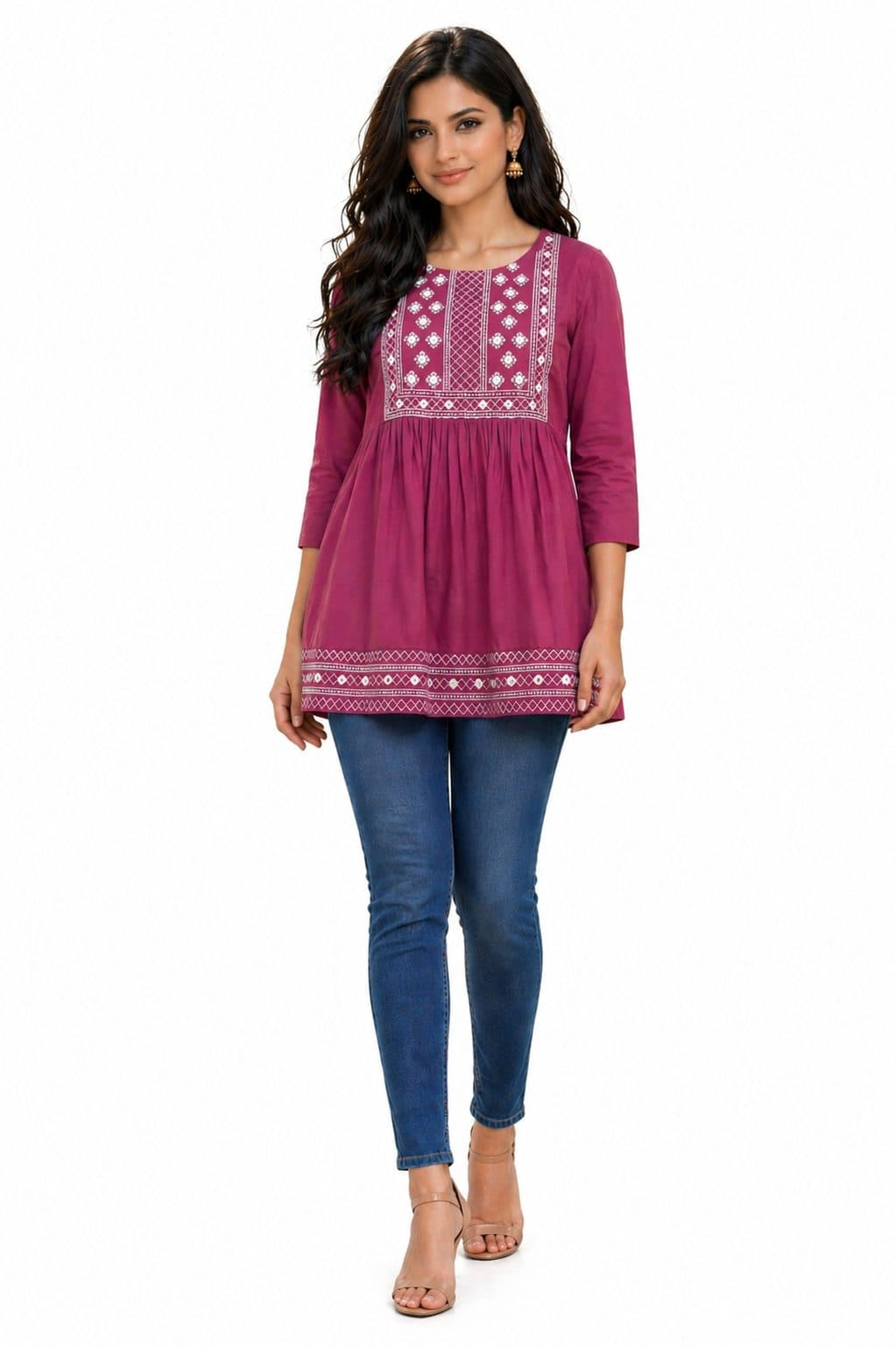 Darshan Style Hub Women’s Viscose Flared Embroidered Top | Round Neck | 3/4 Sleeve | Casual Wear