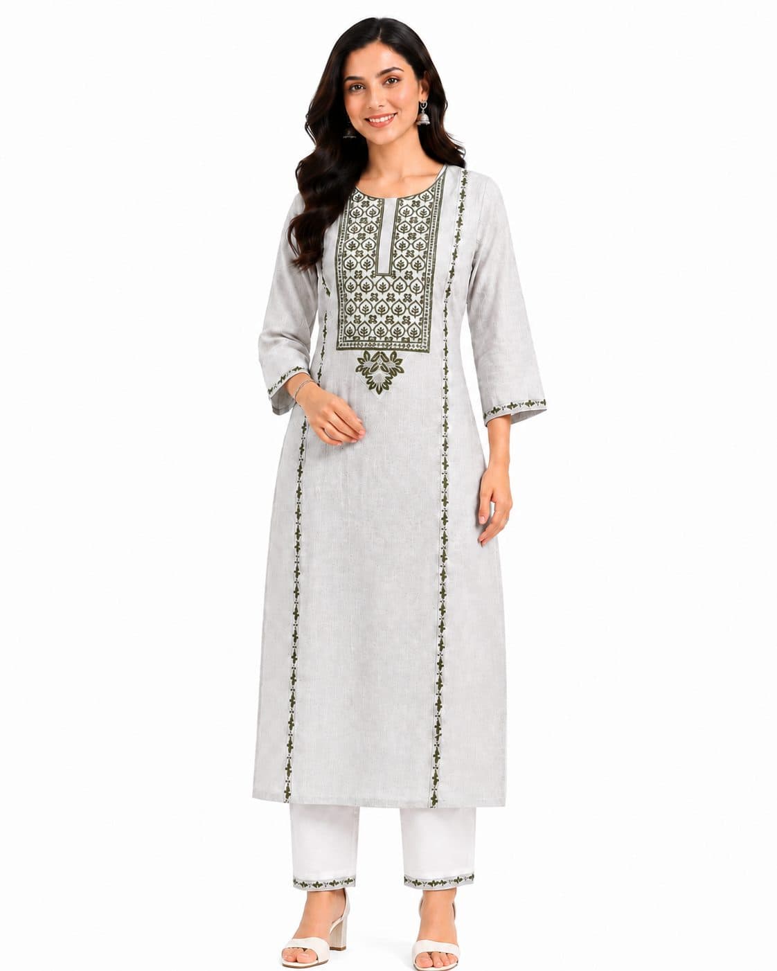 Darshan Style Hub Women's 100% Cotton Embroidered Straight Kurta Pant Set | Round Neck | 3/4 Sleeves | Grey & White Ethnic Wear for Casual, Office & Festive Wear