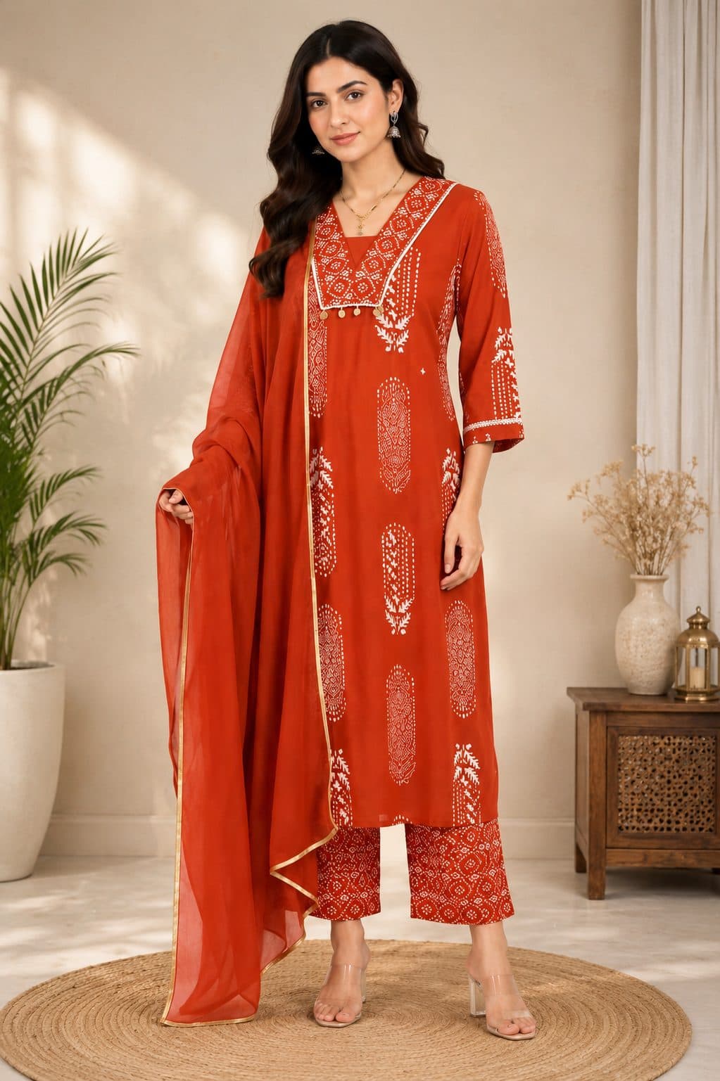 Women’s Rust orange floral motifs cotton printed kurta pant set | v neck detalling with tussels | 3/4 Sleeve | comfortble regular stright fit shillouttle