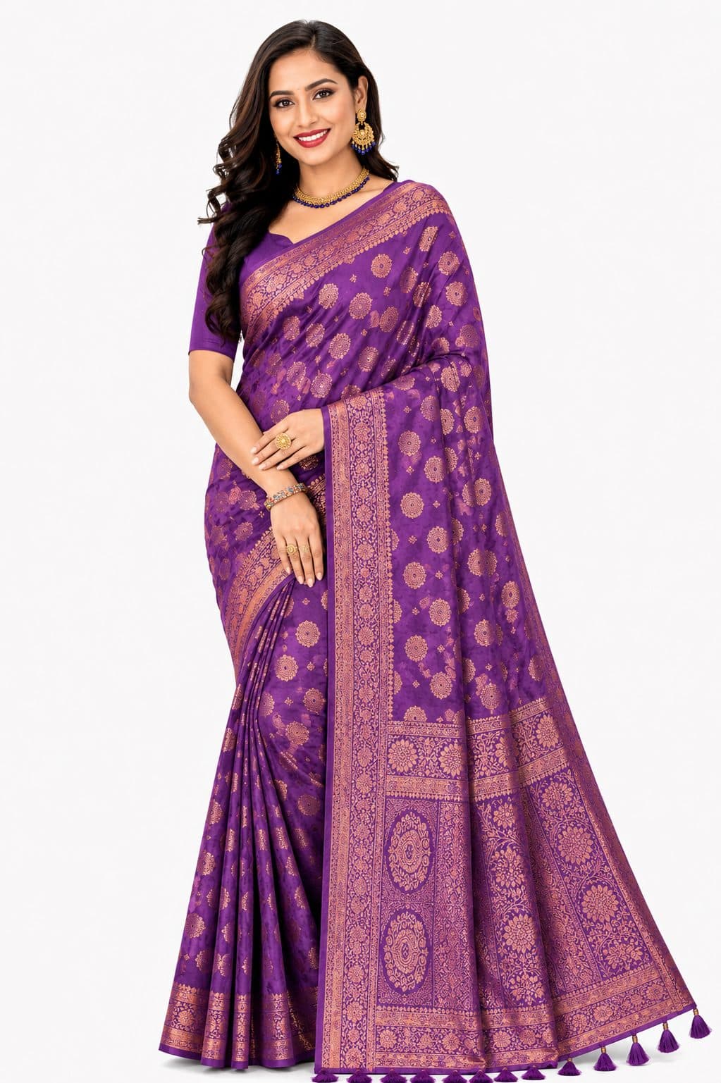 Darshan Style Hub - Royal Purple Banarasi Silk Saree with Golden Zari Buti Work | Bridal Collection