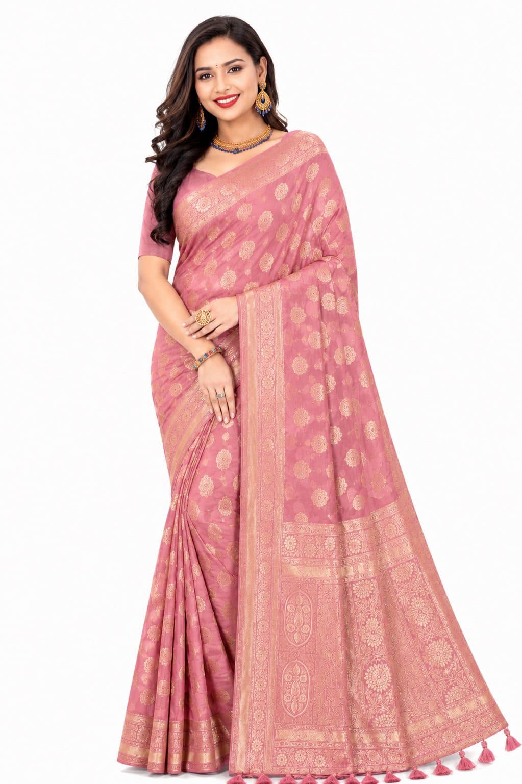Darshan Style Hub - Rose Pink Banarasi Silk Saree with Golden Zari Buti Work | Festive Bridal Collection