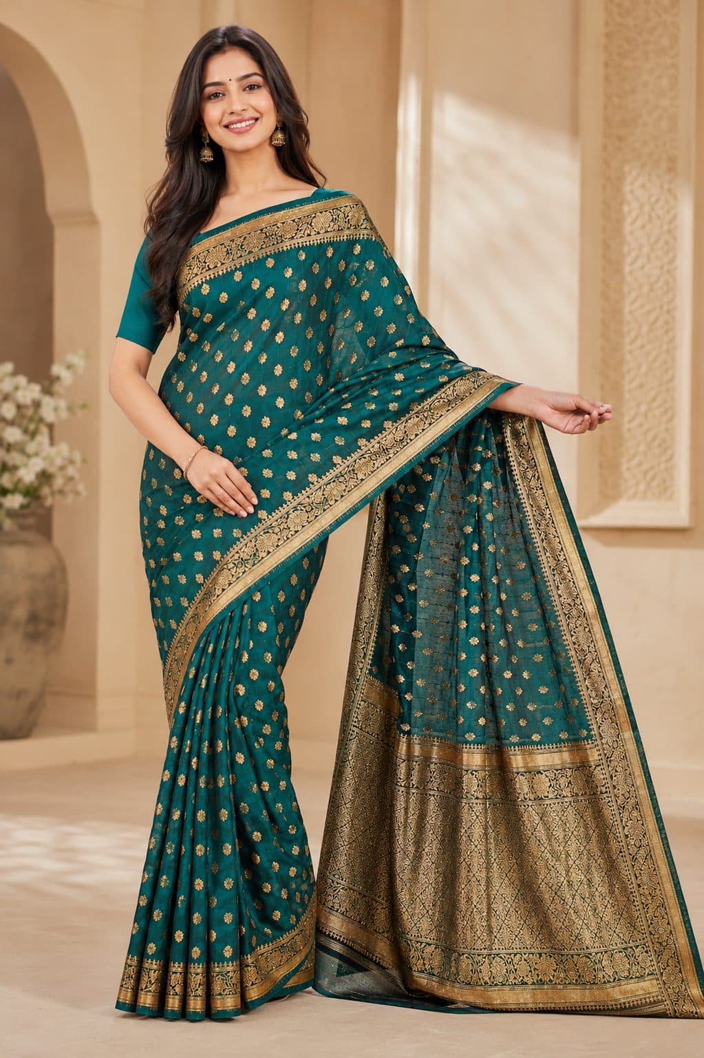 Darshan Style Hub - Bottle Green Banarasi Silk Saree with Golden Zari Buti Work | Premium Wedding Collection