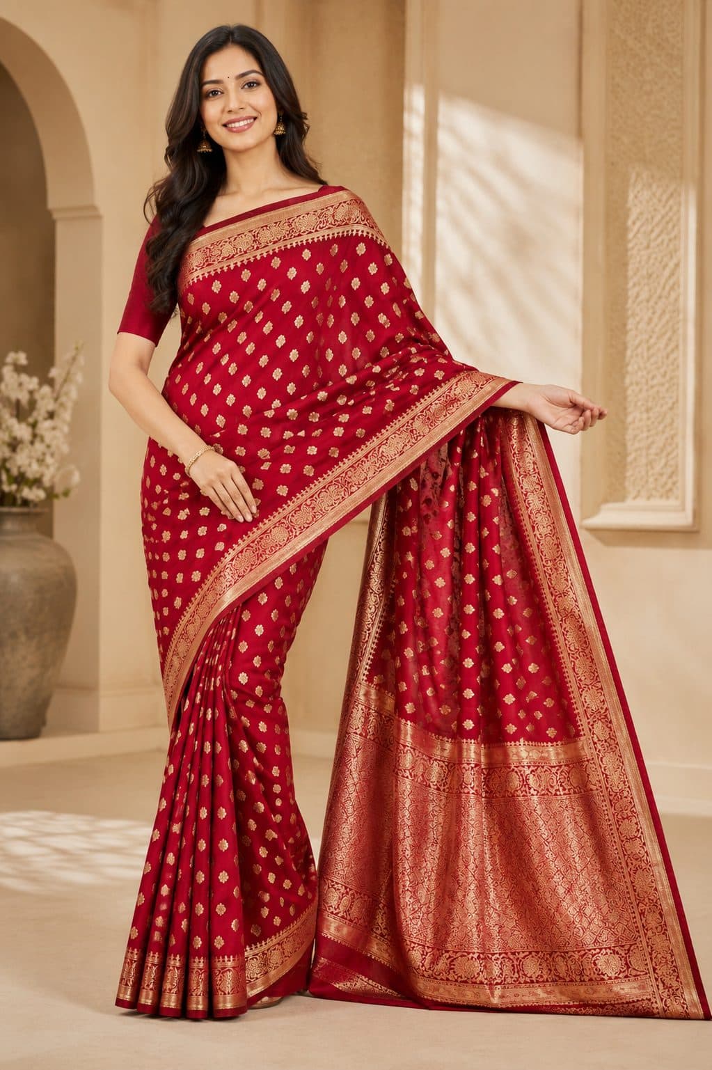 Darshan Style Hub - Maroon Banarasi Silk Saree with Golden Zari Buti Work | Bridal Red Collection
