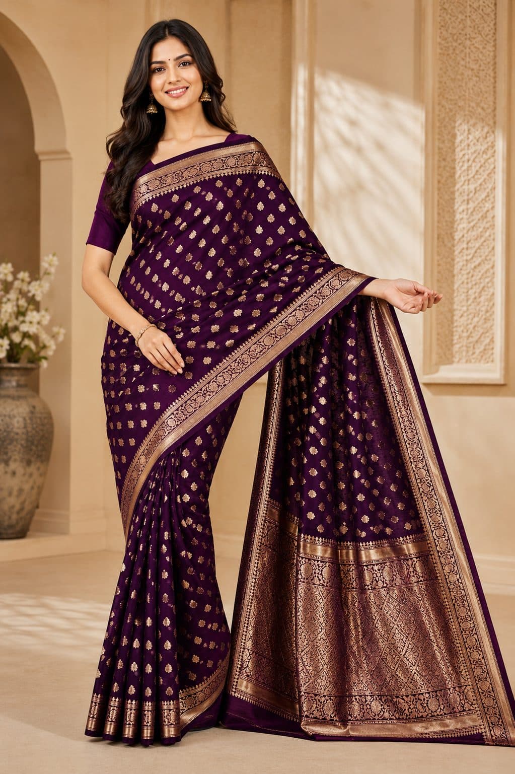 Darshan Style Hub - Deep Purple Banarasi Silk Saree with Golden Zari Buti Work | Royal Majesty Collection