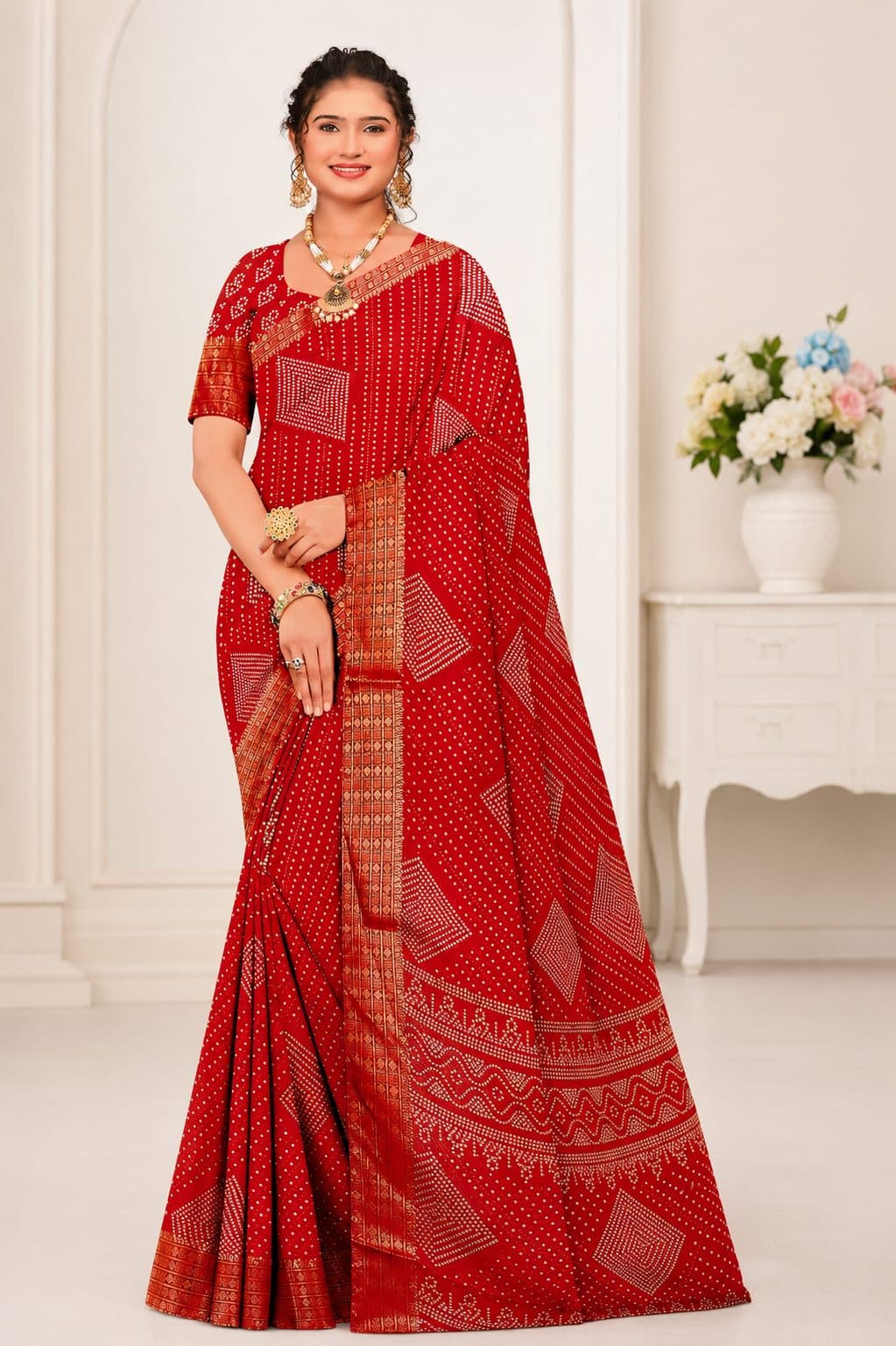 Darshan Style Hub Women's Red Moss Embroidery Saree with Siroski Work | Designer Border | Unstitched Blouse Piece