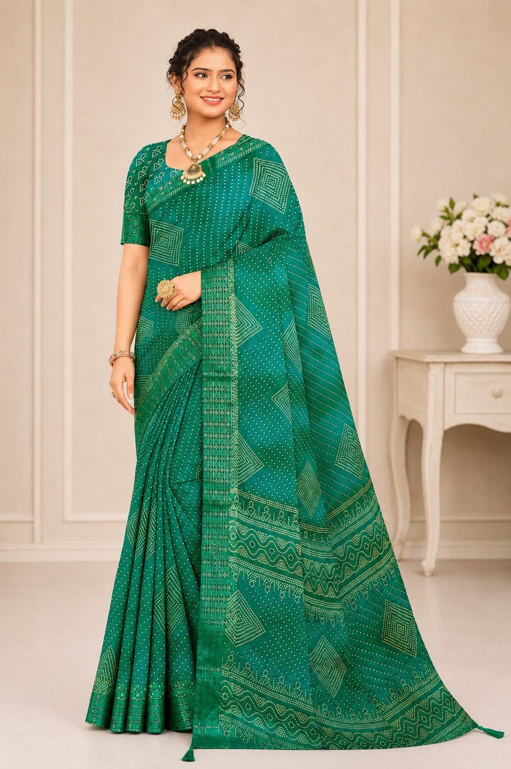 Darshan Style Hub Women's Green Moss Embroidery Saree with Siroski Work | Designer Border | Unstitched Blouse Piece