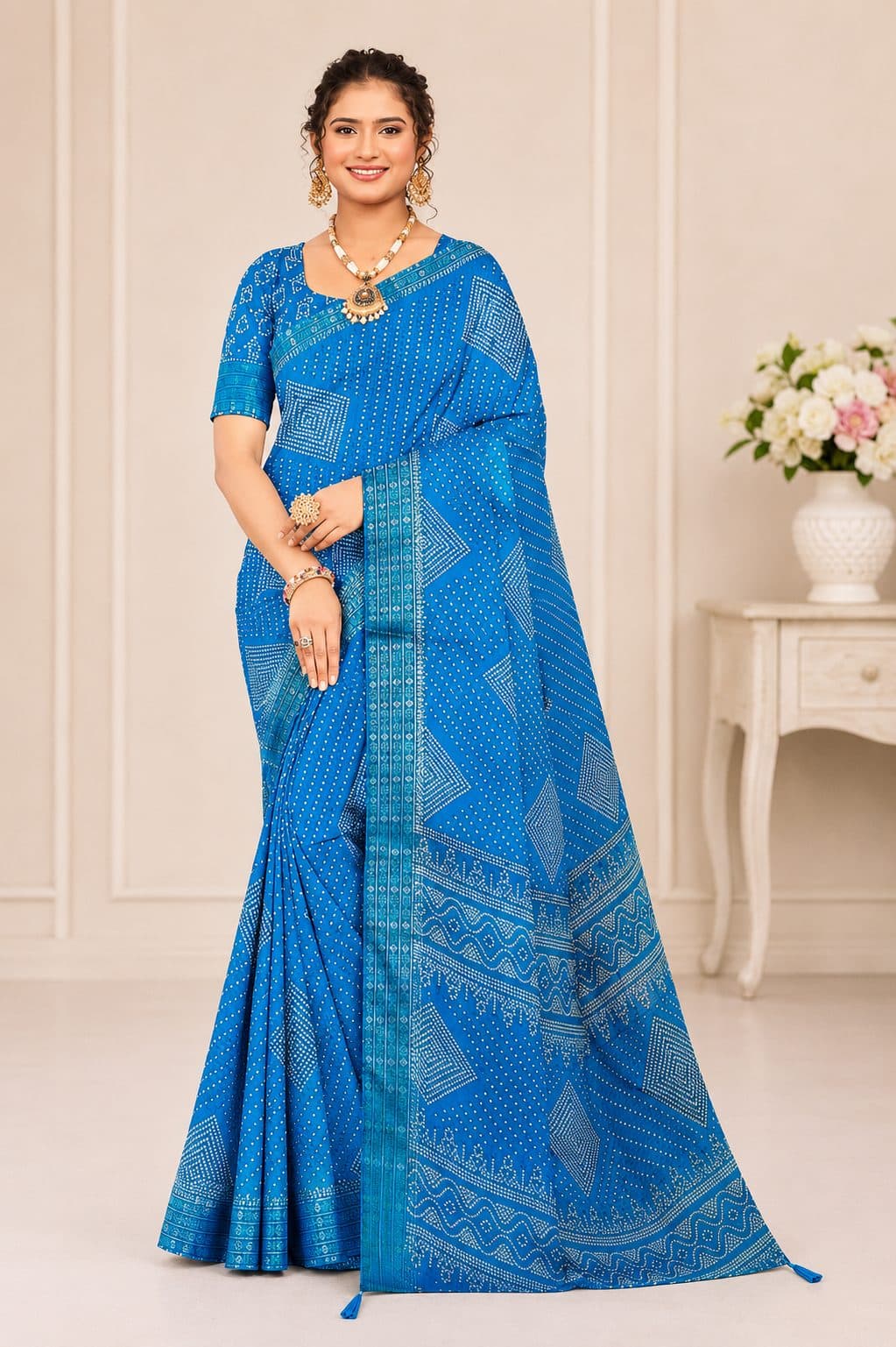 Darshan Style Hub Women's Royal Blue Moss Embroidery Saree with Siroski Work | Designer Border | Unstitched Blouse Piece