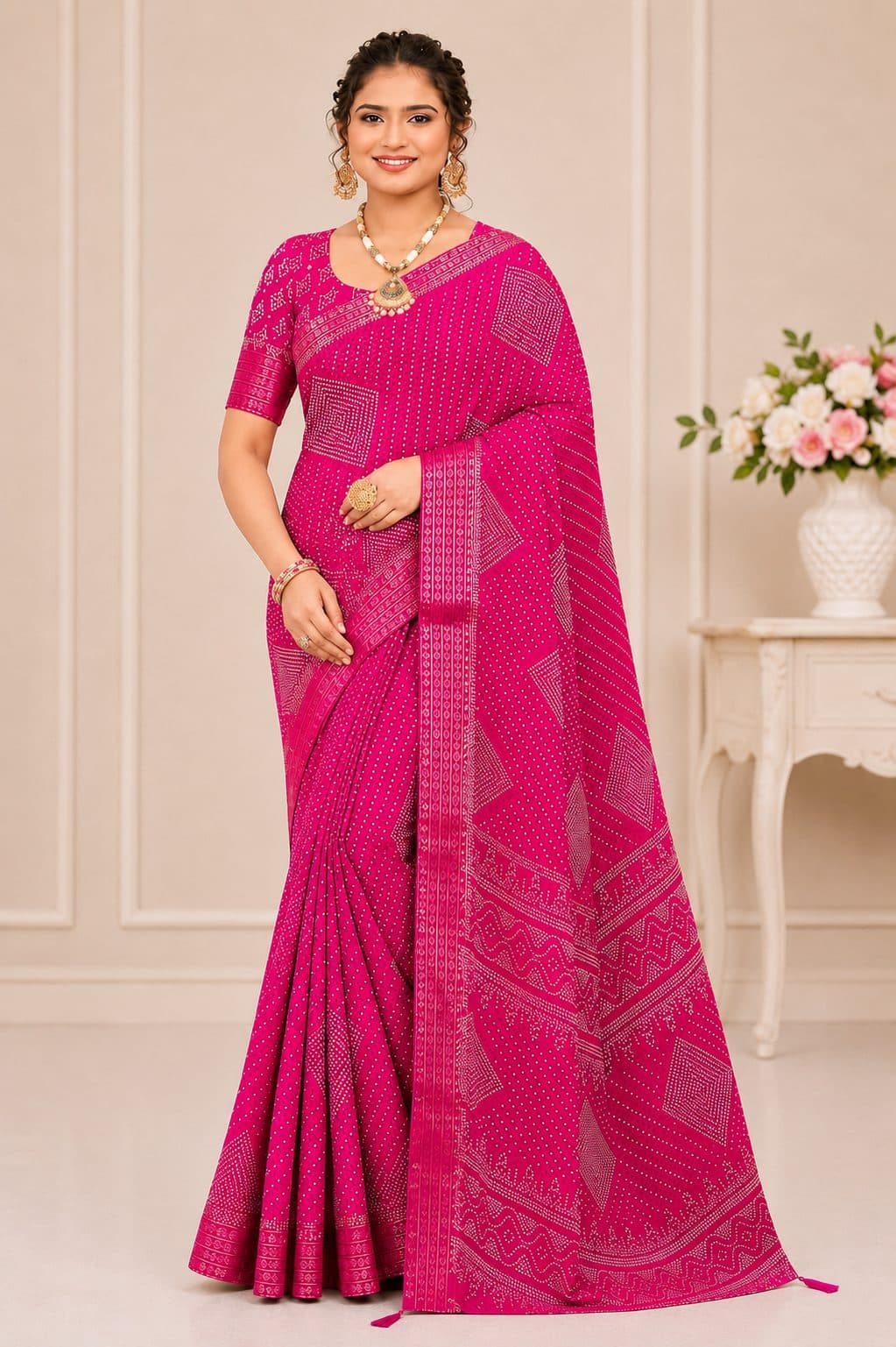 Darshan Style Hub Women's Rani Pink Moss Embroidery Saree with Siroski Work | Designer Border | Unstitched Blouse Piece