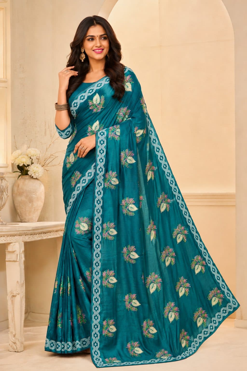 Darshan Style Hub Party Wear Teal Designer Saree with Elegant Border