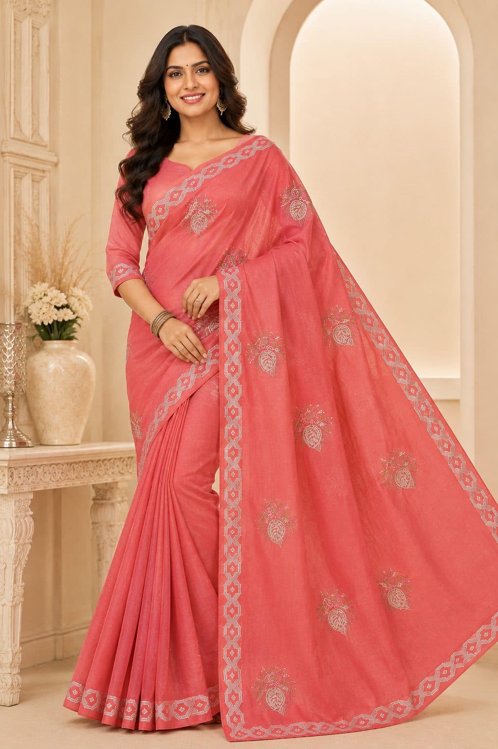 Darshan Style Hub Women's Coral Pink Designer Saree with Elegant Border