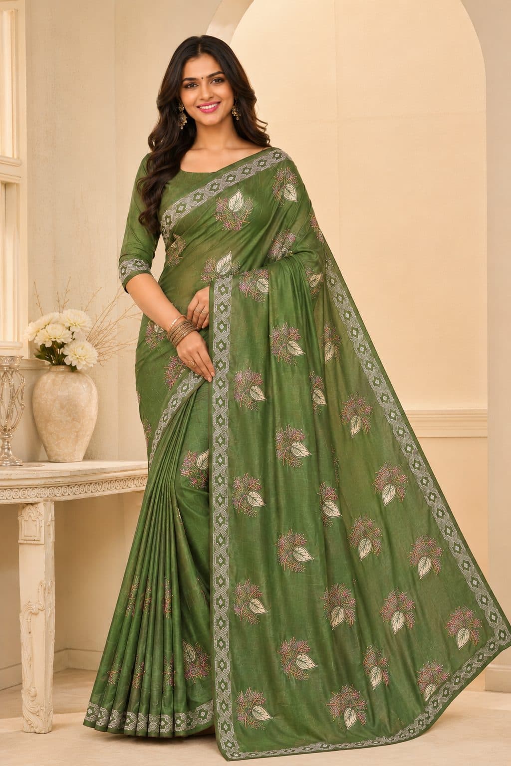 Darshan Style Hub Women's Olive Green Designer Saree with Elegant Leaf Motifs