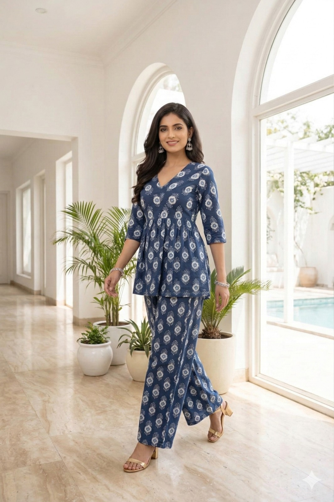 Darshan Style Hub Women’s Indigo Ikkat Printed Co-Ord Set | V-Neck Top with Matching Pants | Elbow Length Sleeves | Comfortable Regular Straight-Fit Casual Ethnic Wear