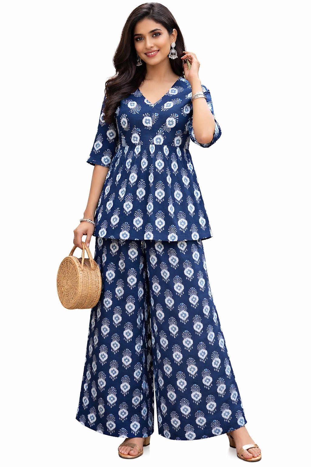 Darshan Style Hub Women’s Indigo Ikkat Printed Co-Ord Set | V-Neck Top with Matching Pants | Elbow Length Sleeves | Comfortable Regular Straight-Fit Casual Ethnic Wear 2