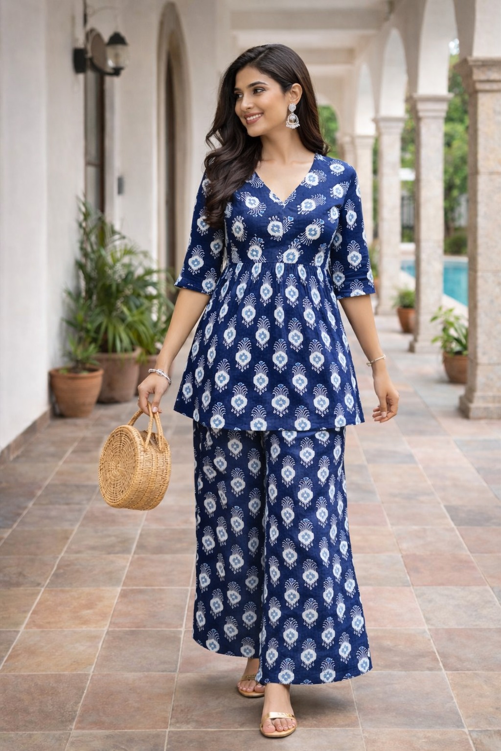 Darshan Style Hub Women’s Indigo Ikkat Printed Co-Ord Set | V-Neck Top with Matching Pants | Elbow Length Sleeves | Comfortable Regular Straight-Fit Casual Ethnic Wear 3