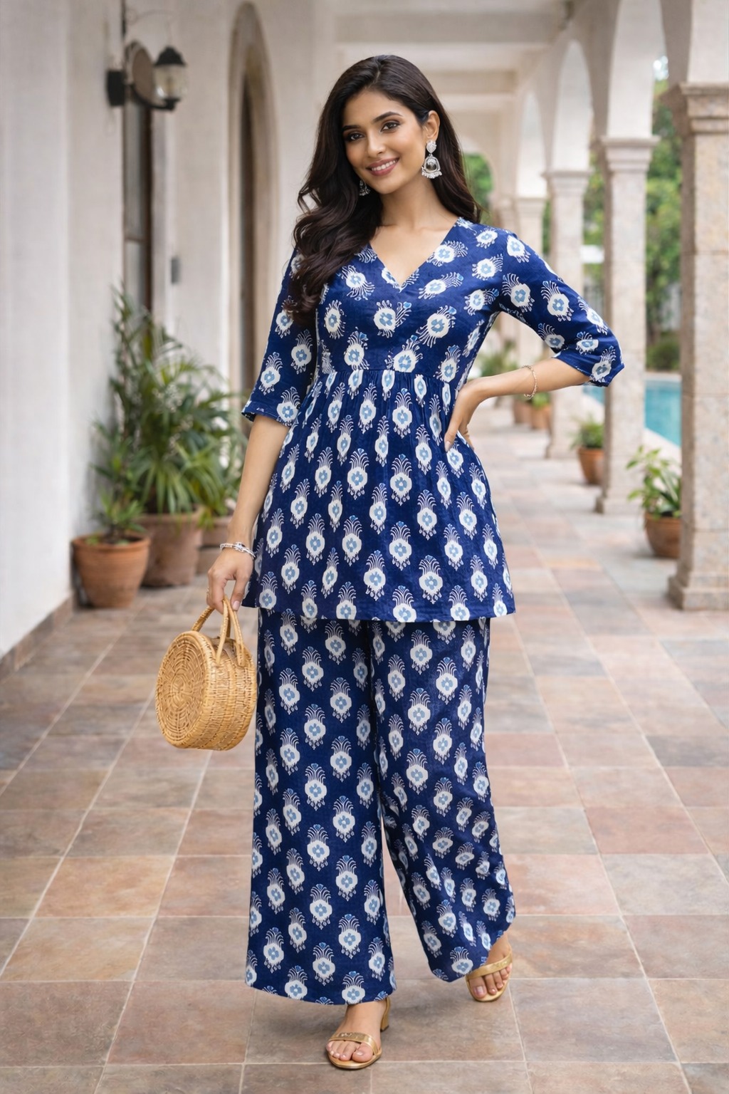 Darshan Style Hub Women’s Indigo Ikkat Printed Co-Ord Set | V-Neck Top with Matching Pants | Elbow Length Sleeves | Comfortable Regular Straight-Fit Casual Ethnic Wear 4