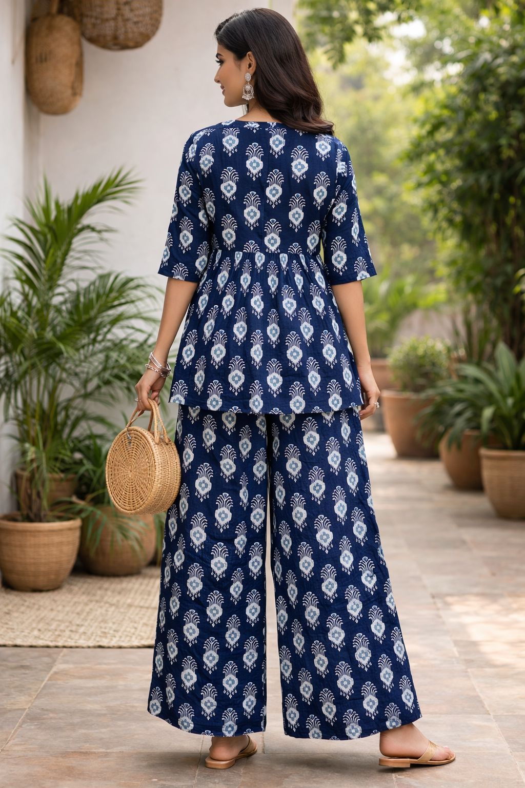 Darshan Style Hub Women’s Indigo Ikkat Printed Co-Ord Set | V-Neck Top with Matching Pants | Elbow Length Sleeves | Comfortable Regular Straight-Fit Casual Ethnic Wear 5