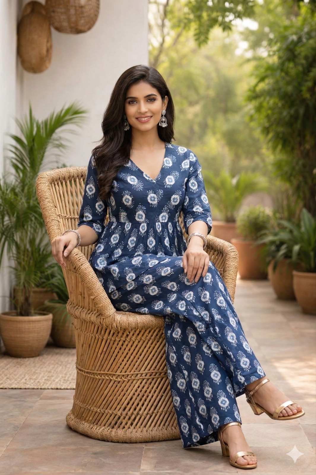 Darshan Style Hub Women’s Indigo Ikkat Printed Co-Ord Set | V-Neck Top with Matching Pants | Elbow Length Sleeves | Comfortable Regular Straight-Fit Casual Ethnic Wear 6