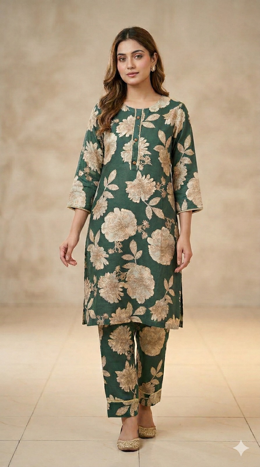 Women’s Green floral cotton printed kurta set  | Round Neck collar   | 3/4 Sleeve | Elegant florar co-ord set 