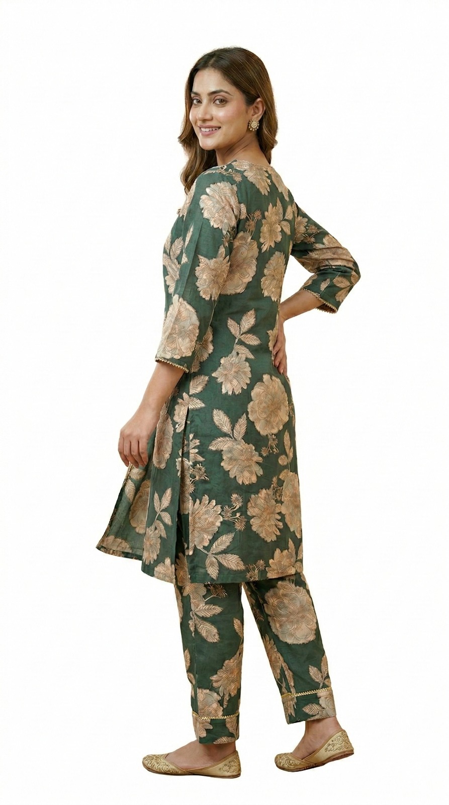 Women’s Green floral cotton printed kurta set  | Round Neck collar   | 3/4 Sleeve | Elegant florar co-ord set  2