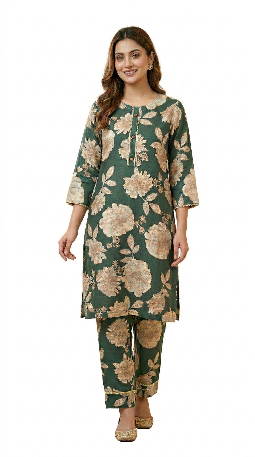 Women’s Green floral cotton printed kurta set  | Round Neck collar   | 3/4 Sleeve | Elegant florar co-ord set  3