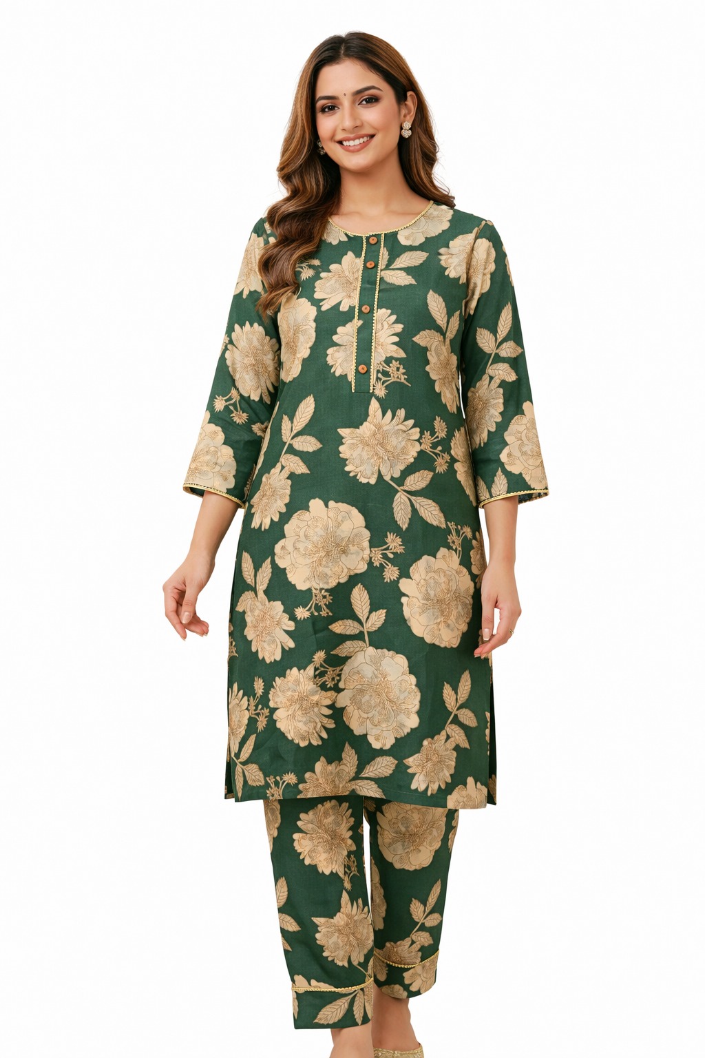 Women’s Green floral cotton printed kurta set  | Round Neck collar   | 3/4 Sleeve | Elegant florar co-ord set  4