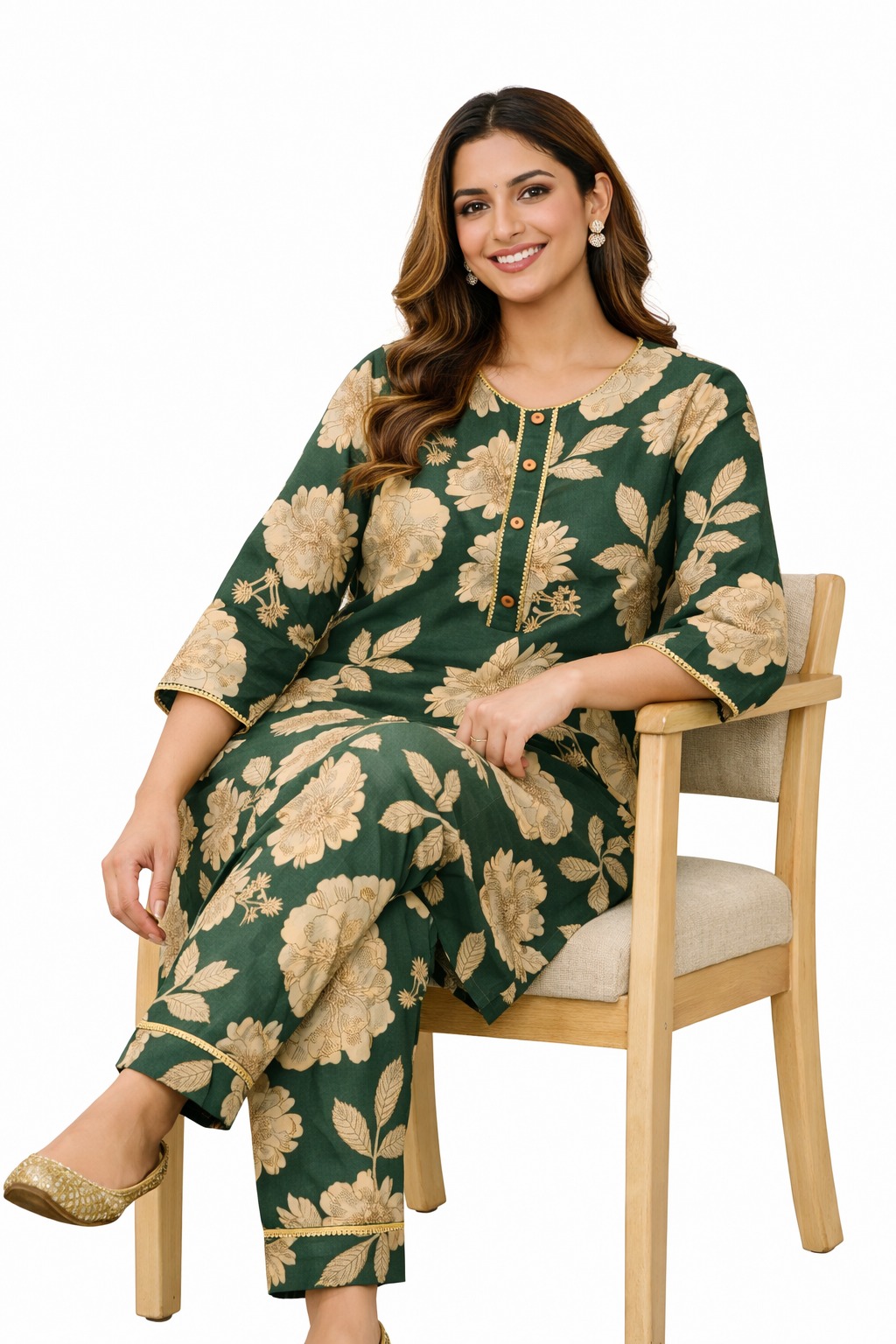Women’s Green floral cotton printed kurta set  | Round Neck collar   | 3/4 Sleeve | Elegant florar co-ord set  5