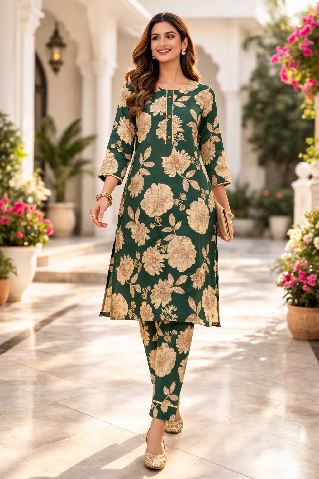 Women’s Green floral cotton printed kurta set  | Round Neck collar   | 3/4 Sleeve | Elegant florar co-ord set  6