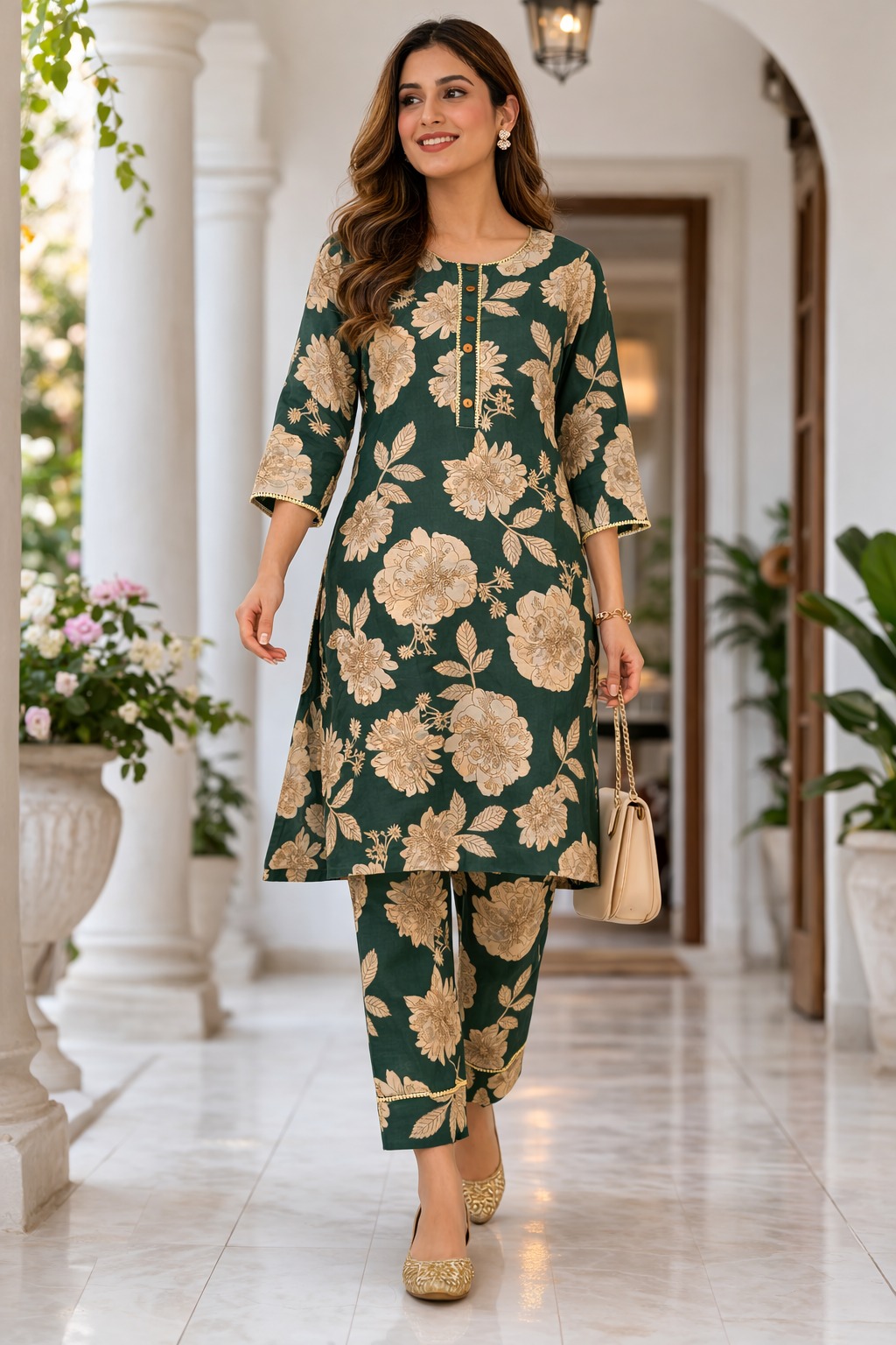 Women’s Green floral cotton printed kurta set  | Round Neck collar   | 3/4 Sleeve | Elegant florar co-ord set  7