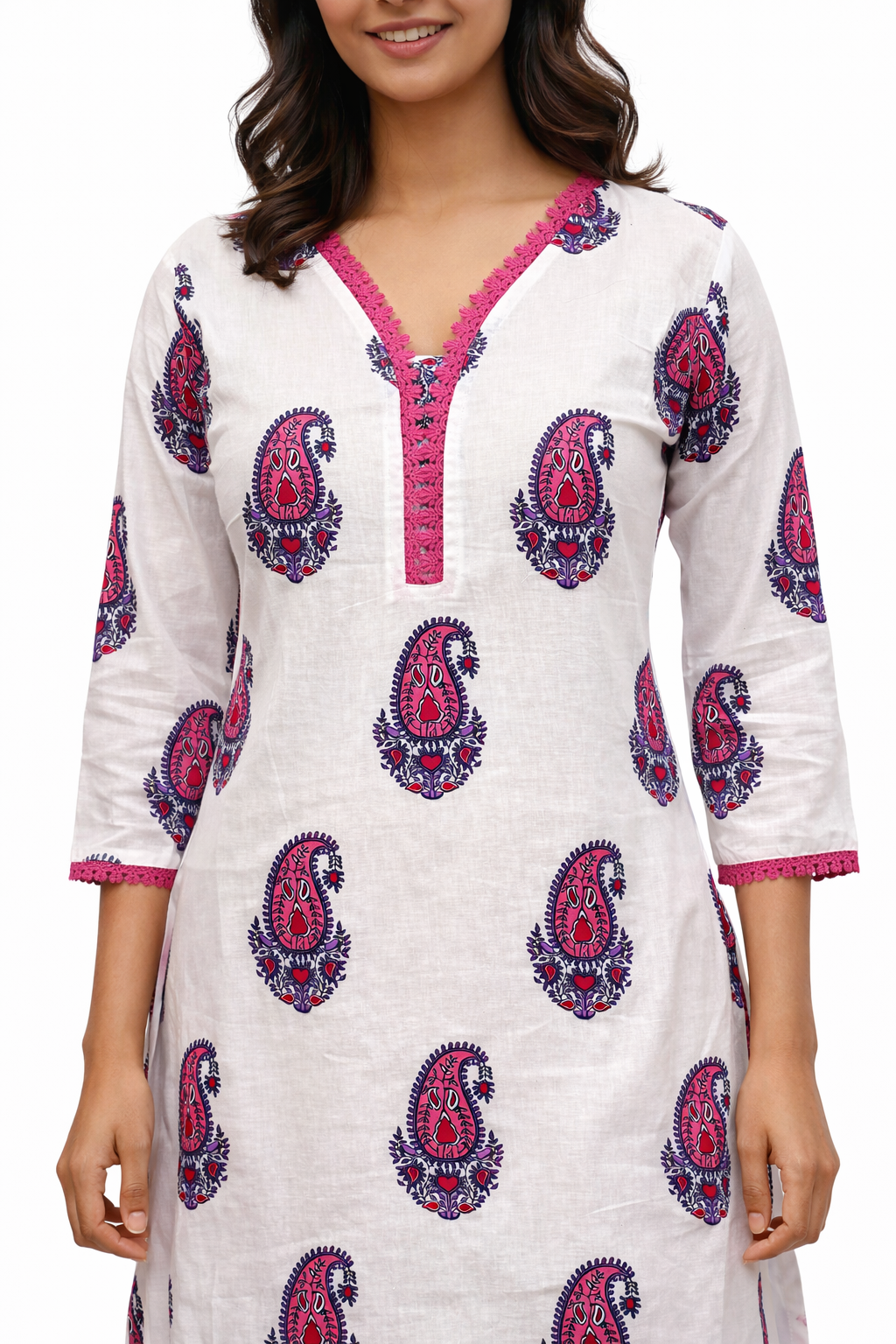  Darshan Style Hub Women’s White Paisley Printed Straight Kurta Set with Pants | V-Neck 3/4 Sleeve Cotton Ethnic Wear for Women 2