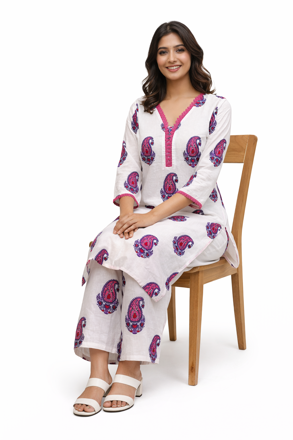  Darshan Style Hub Women’s White Paisley Printed Straight Kurta Set with Pants | V-Neck 3/4 Sleeve Cotton Ethnic Wear for Women 4