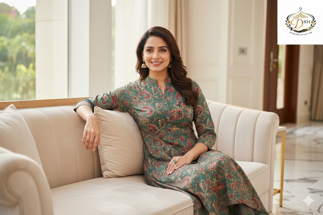 Darshan Green Floral Printed Kurta Set 2
