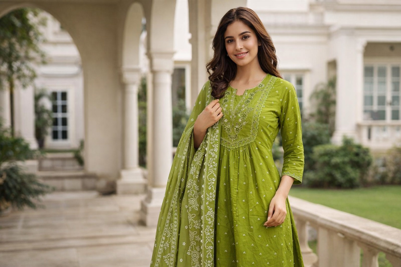 Darshan Women’s Embroidered Green Cotton Suit Set with Dupatta