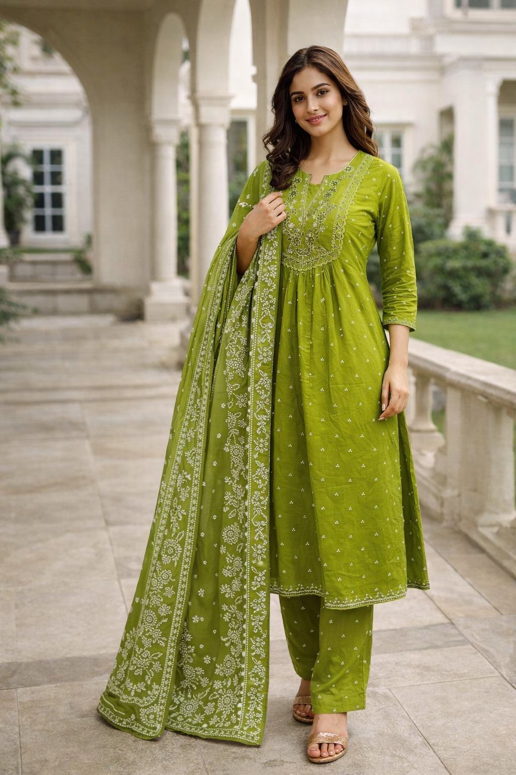 Darshan Women’s Embroidered Green Cotton Suit Set with Dupatta 2