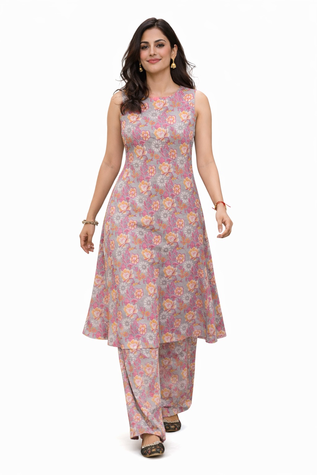 Darshan Style Hub Women Grey Pink Floral Printed A-Line Kurta Set with Straight Palazzo | Round Neck Sleeveless Ethnic Set 2