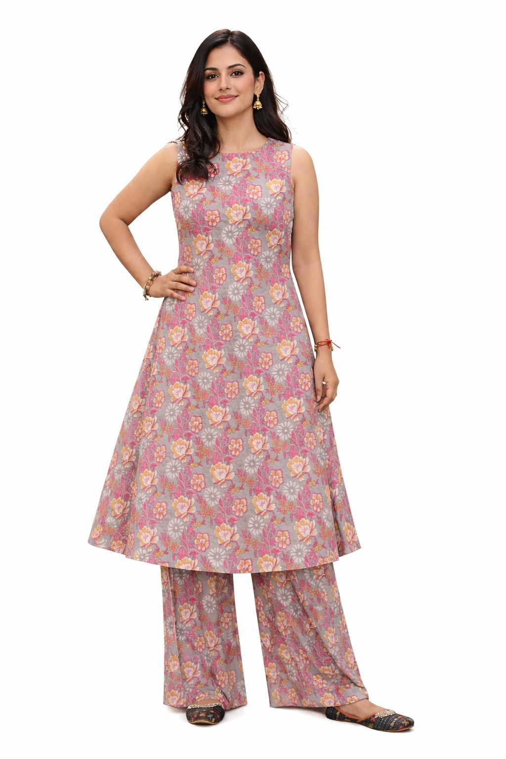 Darshan Style Hub Women Grey Pink Floral Printed A-Line Kurta Set with Straight Palazzo | Round Neck Sleeveless Ethnic Set 3