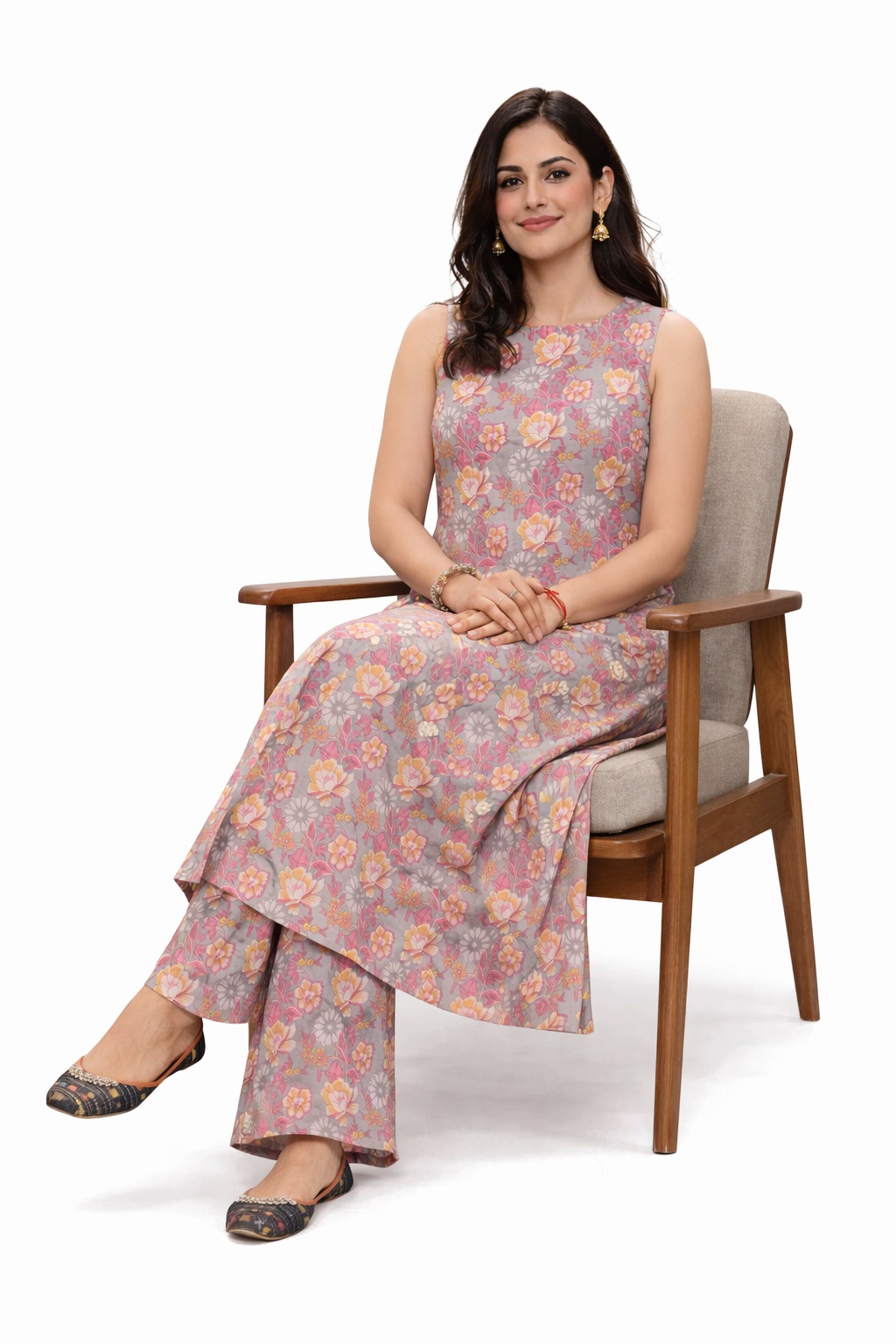 Darshan Style Hub Women Grey Pink Floral Printed A-Line Kurta Set with Straight Palazzo | Round Neck Sleeveless Ethnic Set 4
