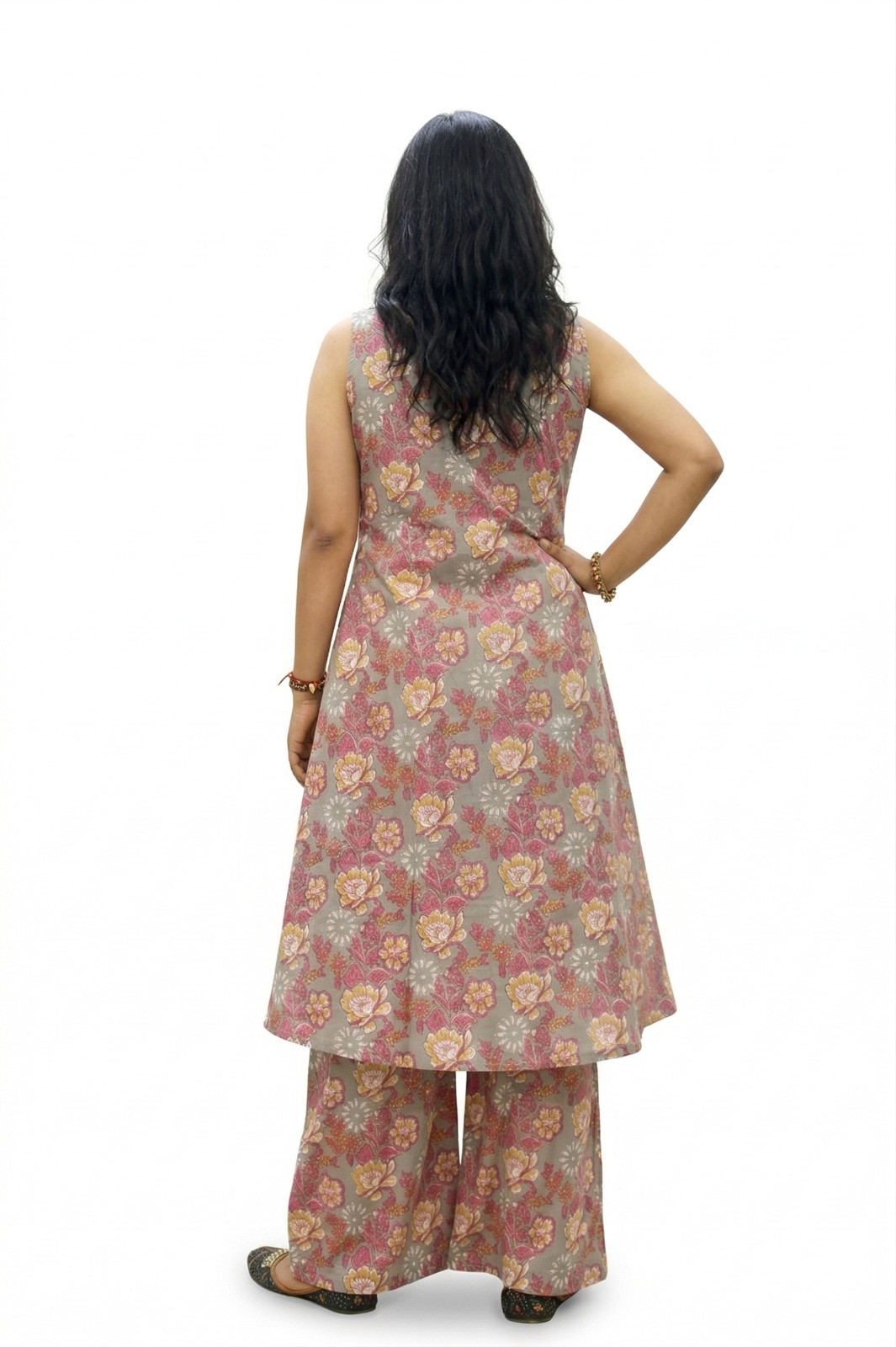 Darshan Style Hub Women Grey Pink Floral Printed A-Line Kurta Set with Straight Palazzo | Round Neck Sleeveless Ethnic Set 5