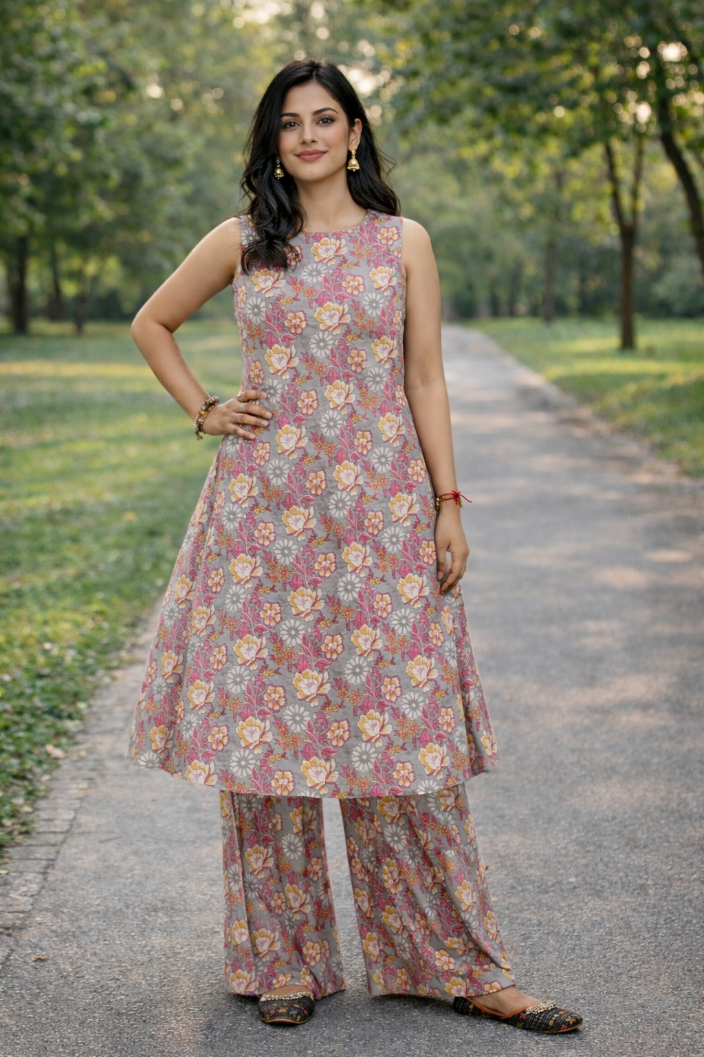 Darshan Style Hub Women Grey Pink Floral Printed A-Line Kurta Set with Straight Palazzo | Round Neck Sleeveless Ethnic Set 6