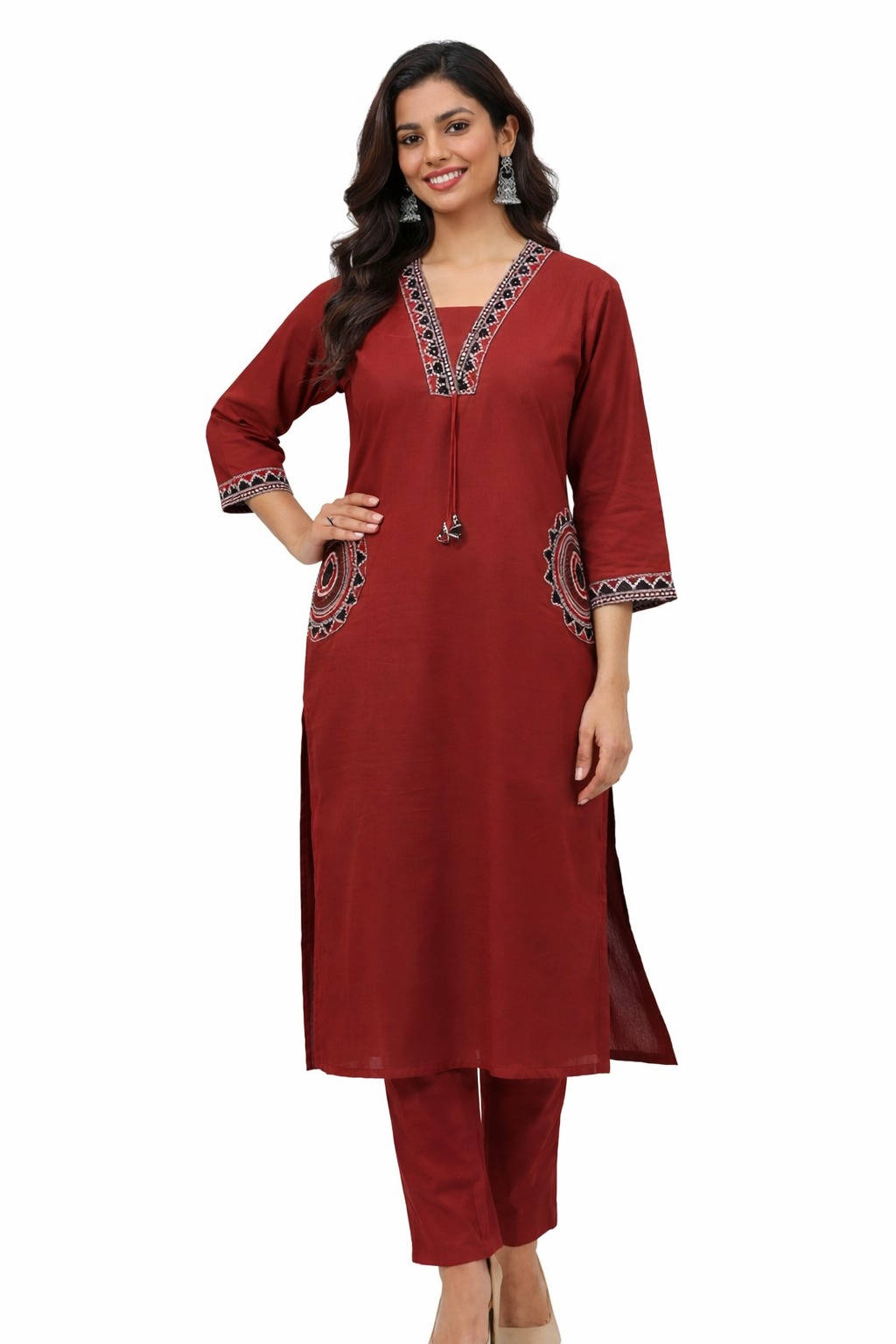  Darshan Style Hub Women’s Geometric Embroidered Kurta Set | Elegant V-Neck with Decorative Detailing | 3/4 Sleeve | Comfortable Elasticated Straight Pants | Ethnic Wear for Women 4