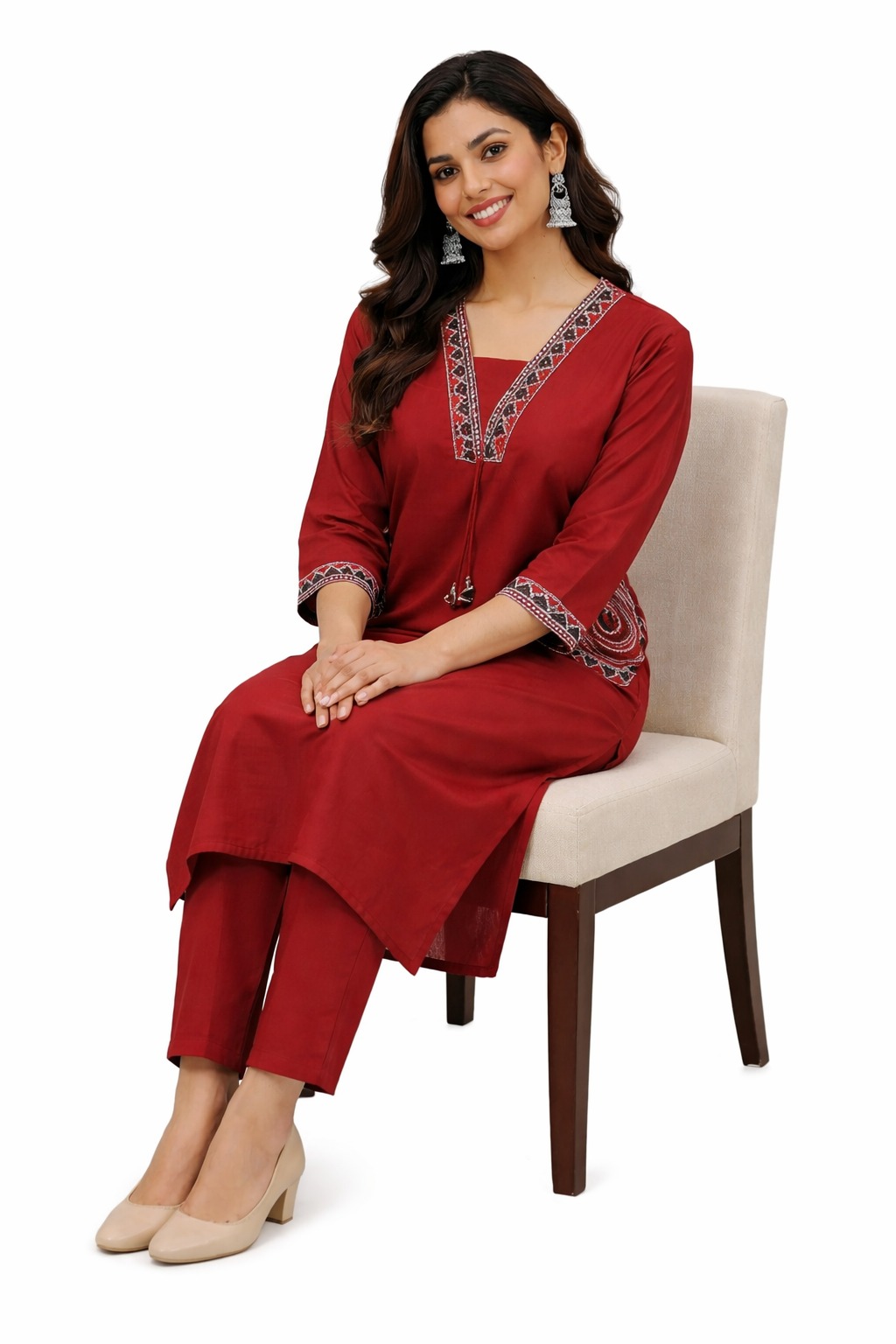  Darshan Style Hub Women’s Geometric Embroidered Kurta Set | Elegant V-Neck with Decorative Detailing | 3/4 Sleeve | Comfortable Elasticated Straight Pants | Ethnic Wear for Women 5